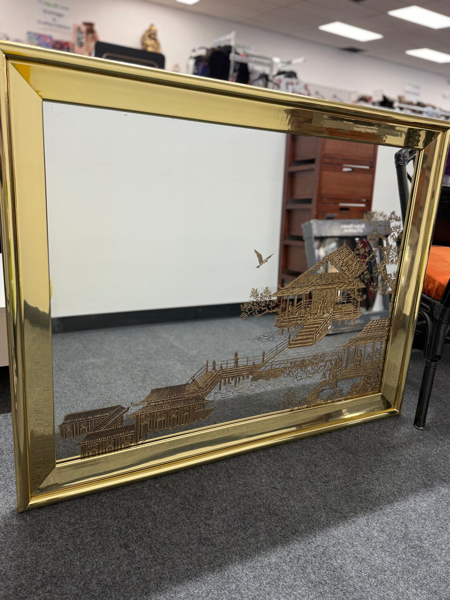 Vintage Asian-Inspired Gold Etched Mirror - Stunning Wall Art Decor