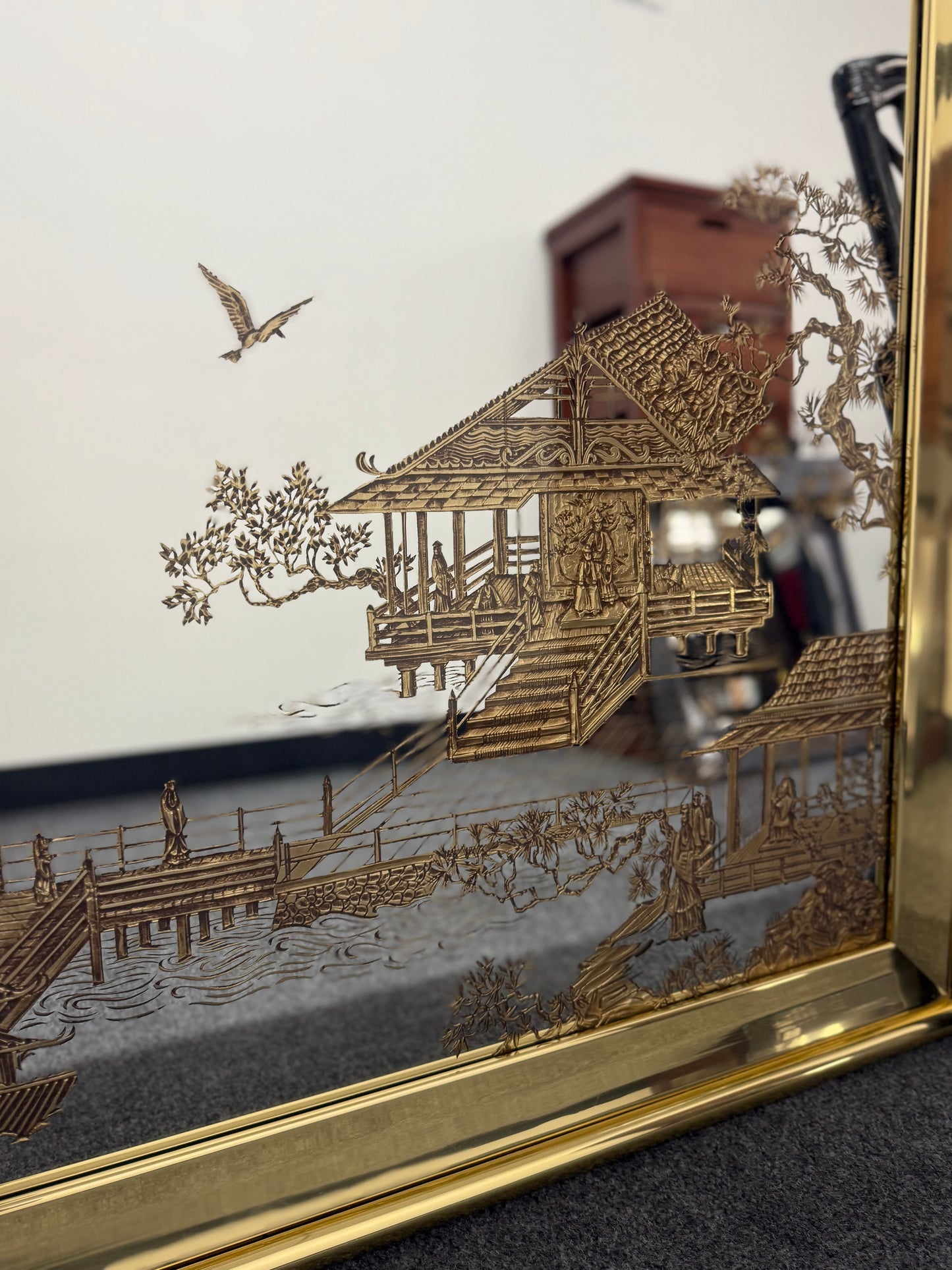 Vintage Asian-Inspired Gold Etched Mirror - Stunning Wall Art Decor