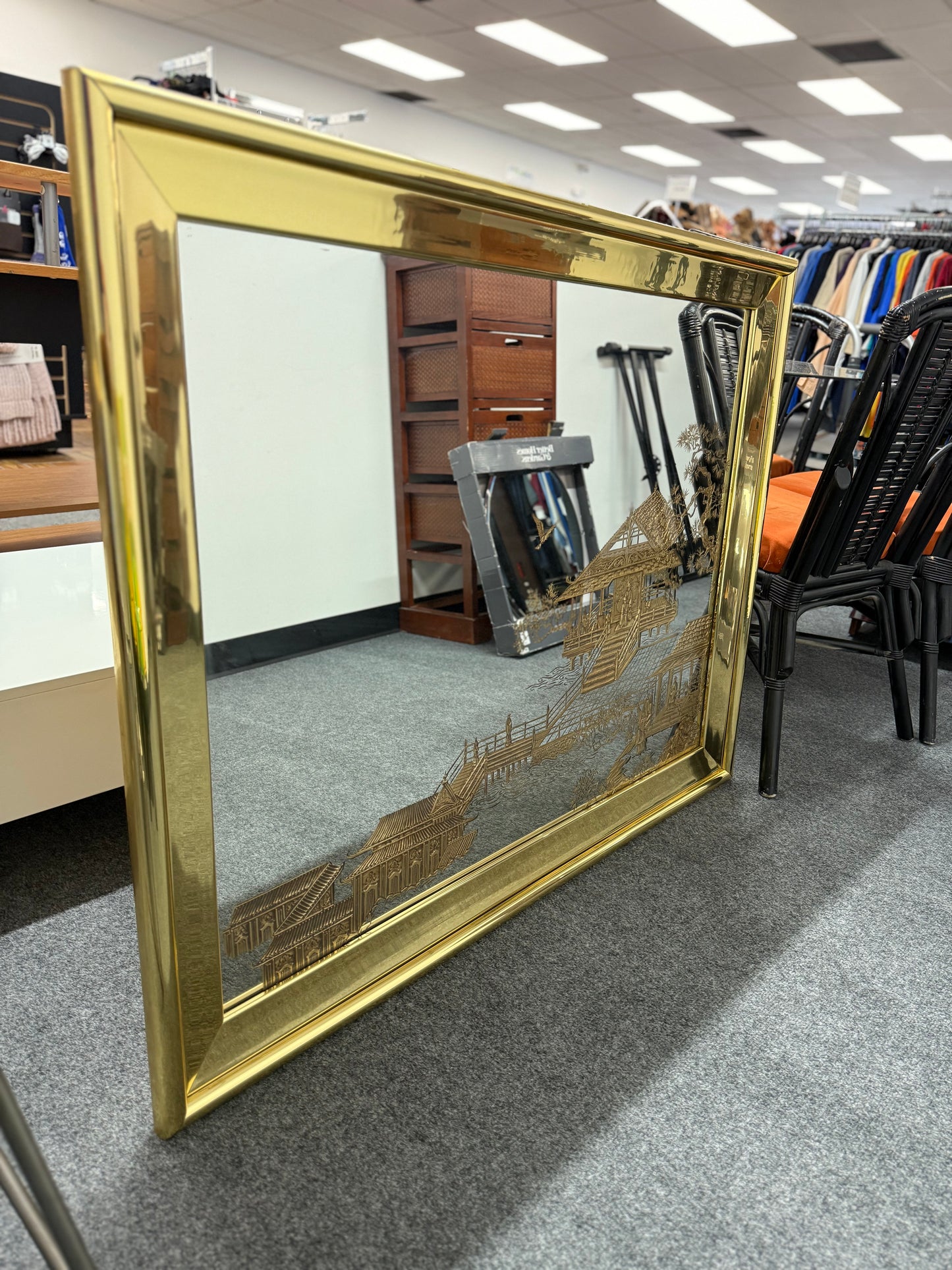 Vintage Asian-Inspired Gold Etched Mirror - Stunning Wall Art Decor