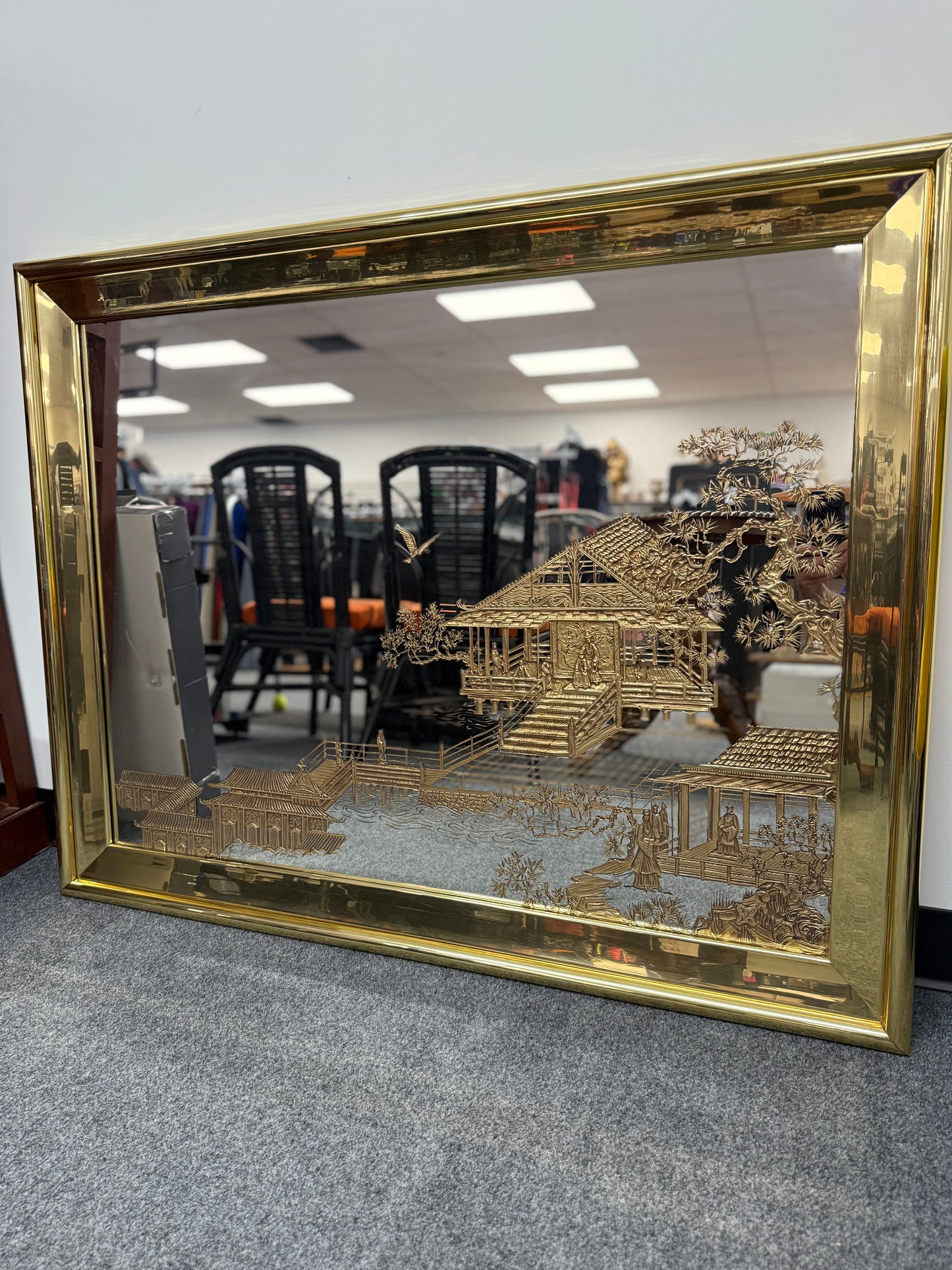 Vintage Asian-Inspired Gold Etched Mirror - Stunning Wall Art Decor