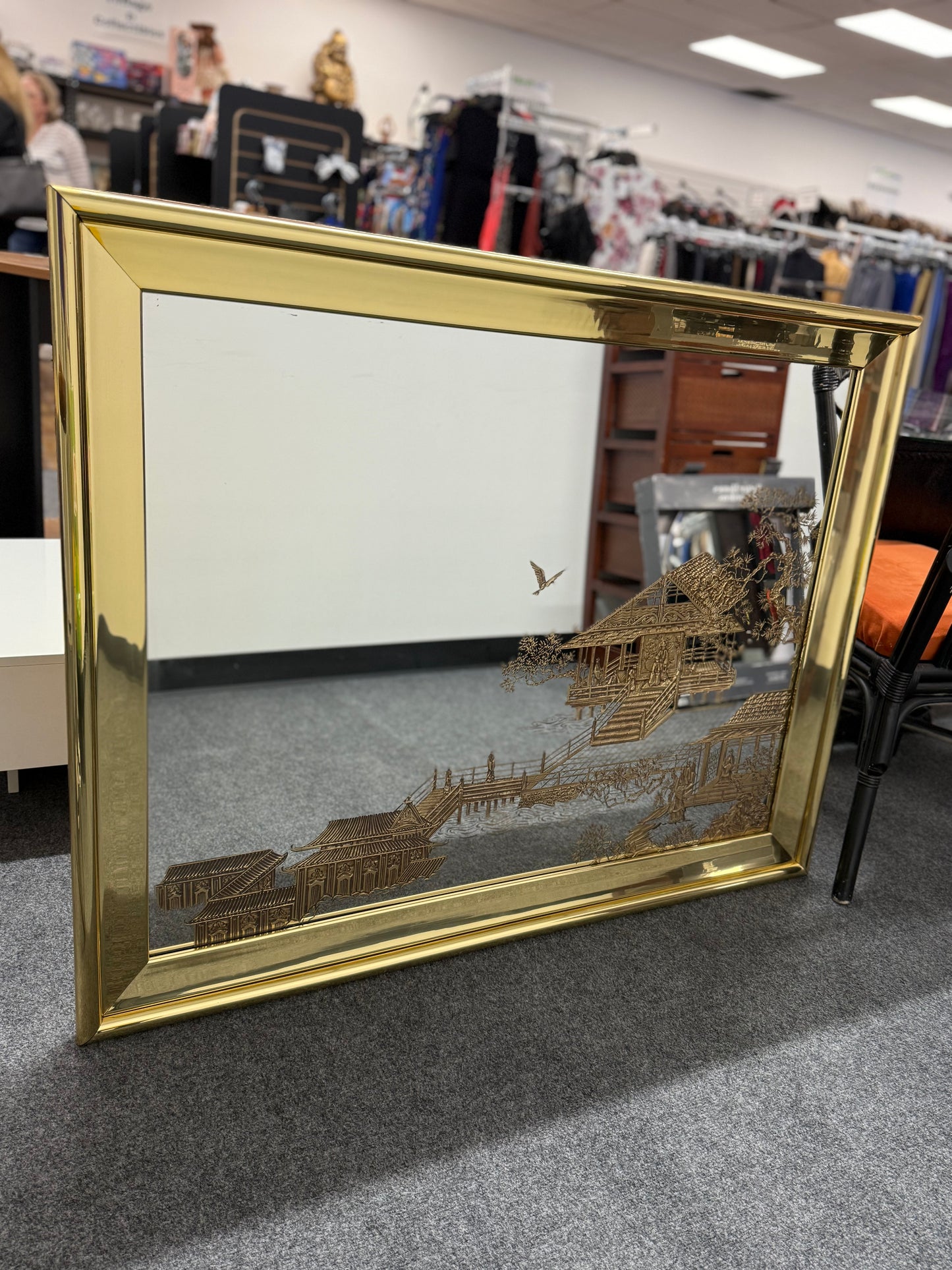 Vintage Asian-Inspired Gold Etched Mirror - Stunning Wall Art Decor