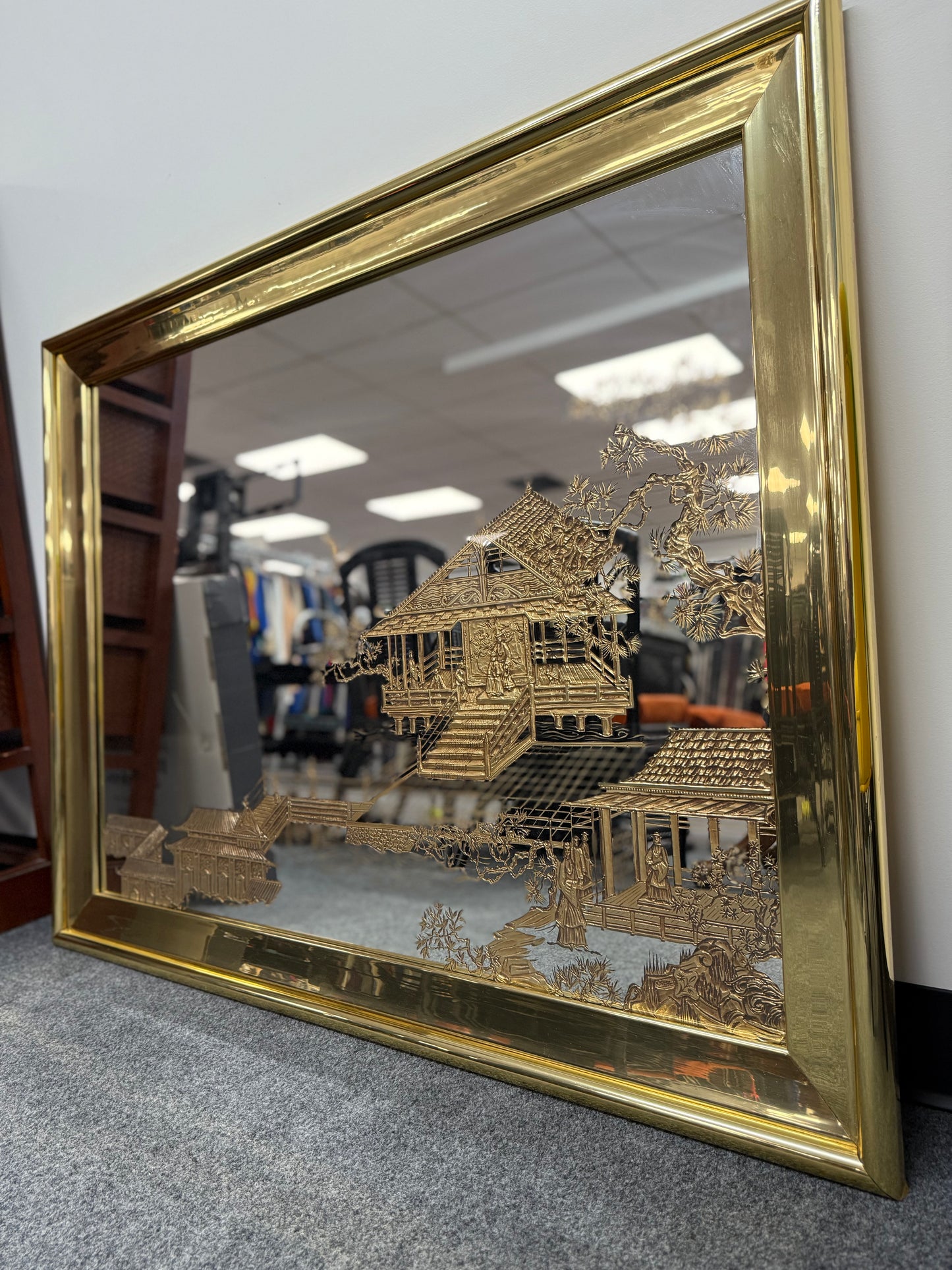 Vintage Asian-Inspired Gold Etched Mirror - Stunning Wall Art Decor
