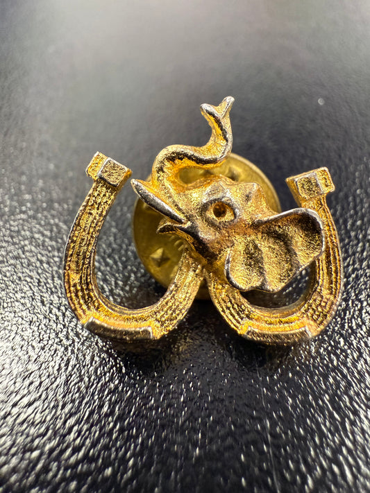 Vintage Elephant & Horseshoe Lapel Pin -- Gold-Tone Good Luck Pin
